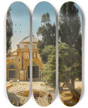 Triptych art skateboard deck of Carl Cowen Schirm The Alaqsa Mosque Jerusalem by Carl Cowen Schirm
