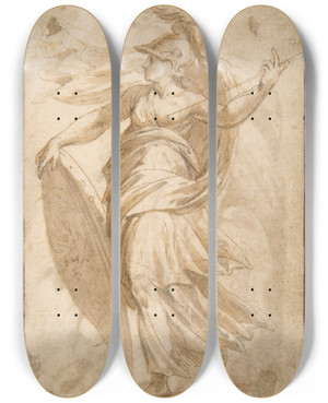 Triptych art skateboard deck of Andrea Schiavone Female Standing Figure With A Helmet And A Shield Bellona by Andrea Schiavone (1500-1563)