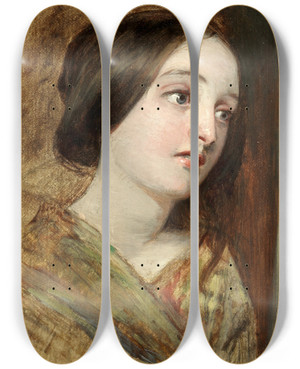 Triptych art skateboard deck of William Powell Frith Study Of A Young Girl by William Powell Frith (1819-1909)