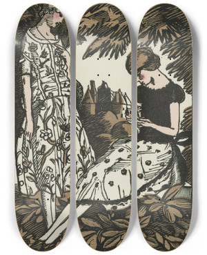 Triptych art skateboard deck of Fernand Simon Un Peu Beaucoup by Fernand Simeon (1884-1928)