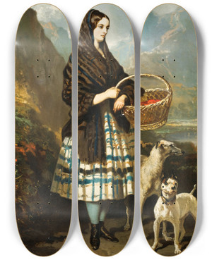 Triptych art skateboard deck of Alfred De Dreux Jeune Femme Aux Chiens by Alfred De Dreux (1810-1860)
