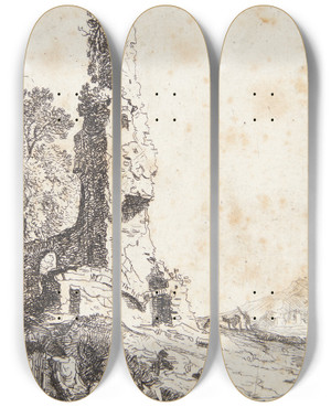 Triptych art skateboard deck of Bartholomeus Breenbergh Et Stykke Af Den Romersk Bymur I Ruiner by Bartholomeus Breenbergh (1598-1657)