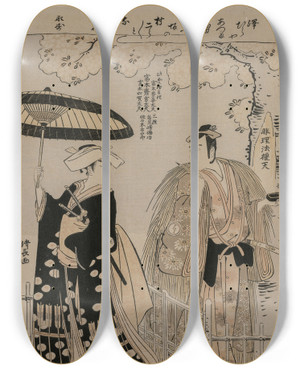 Triptych art skateboard deck of Torii Kiyonaga Sawamura Sojuro Iii And Arashi Murajiro As Kusunoki Masatsura And Koto No Naishi by Torii Kiyonaga (1752-1815)