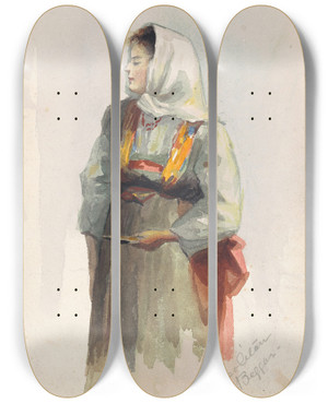 Triptych art skateboard deck of Marietta Minnigerode Andrews A Neopolitan Beggar by Marietta Minnigerode Andrews (1869-1931)