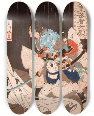 Triptych art skateboard deck of Tsukioka Yoshitoshi Soga No Gor Tokimune Held Back By Gosho No Gormaru by Tsukioka Yoshitoshi (1839-1892)
