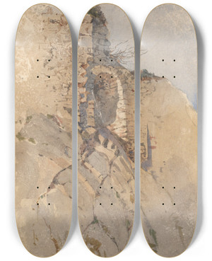 Triptych art skateboard deck of Ladislav Mednynszky Castle Ruins by Ladislav Mednyanszky (1852-1919)