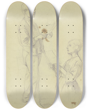 Triptych art skateboard deck of Jakob Becker Studienblatt Singende Jungen Und Mdchen by Jakob Becker (1810-1872)