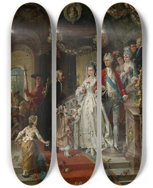 Triptych art skateboard deck of Carl Herpfer The Wedding Party by Carl Herpfer (1836-1897)