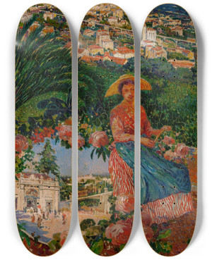 Triptych art skateboard deck of David Dellepiane Study For Grasse Funicular Travel Poster by David Dellepiane (1866-1932)