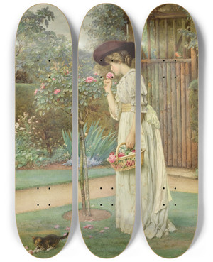 Triptych art skateboard deck of Charles Edward Wilson Roses In Bloom by Charles Edward Wilson (1854-1941)