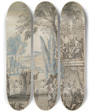 Triptych art skateboard deck of Jan Erasmus Quellinus Benedict Of Nursia Orders The Destruction Of The Temple Of Apollo At Monte Cassino by Jan Erasmus Quellinus (1634-1715)
