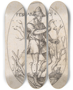 Triptych art skateboard deck of Erasmus Hornick The Month Of February Man Pruning A Tree by Erasmus Hornick (1520-1583)