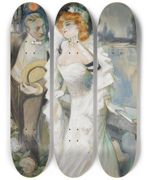 Triptych art skateboard deck of Albert Guillaume An Attractive Offer by Albert Guillaume (1873-1942)