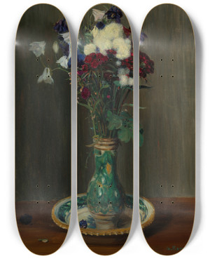 Triptych art skateboard deck of Gustav Kampmann Akeleien Und Nelken In Grner Vase by Gustav Kampmann (1859-1917)