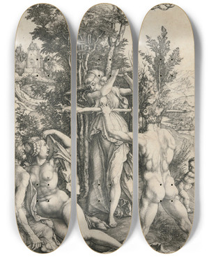 Triptych art skateboard deck of Albrecht Drer Hercules At The Crossroads by Albrecht Durer (1471-1528)