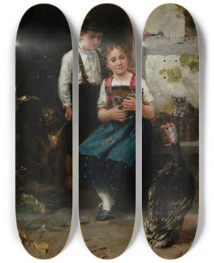 Triptych art skateboard deck of Johann Sperl Geschwisterpaar Mit Truthahn by Johann Sperl (1840-1914)