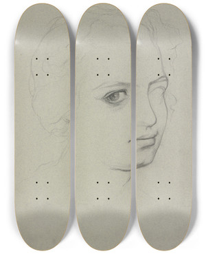 Triptych art skateboard deck of Victor Mller Head Of A Young Woman by Victor Muller (1829-1871)
