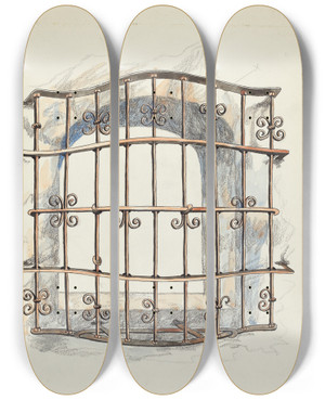 Triptych art skateboard deck of Harry Mann Waddell Iron Grille At Window_4 by Harry Mann Waddell (1876-1956)