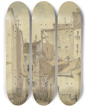 Triptych art skateboard deck of Carl Friedrich Heinrich Werner Die Roschwemme Am Viktualienmarkt In Mnchen by Carl Friedrich Heinrich Werner (1808-1894)