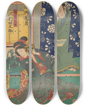 Triptych art skateboard deck of Utagawa Kunisada Toyokuni Iii Lovers by Utagawa Kunisada (Toyokuni III) (1786-1865)
