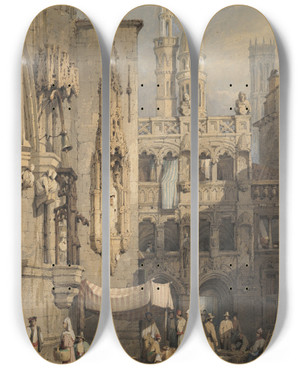 Triptych art skateboard deck of Samuel Prout A Street Bruges by Samuel Prout (1783-1852)