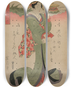 Triptych art skateboard deck of Kikukawa Eizan Descending Geese At Katata From The Series Elegant Women And The Eight Views Of Lake Biwa by Kikukawa Eizan (1787-1867)