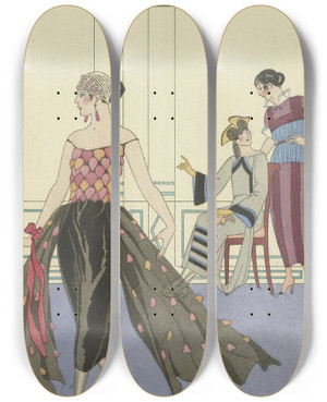 Triptych art skateboard deck of George Barbier La Toilette Dlicieuse by George Barbier (1882-1932)