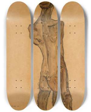 Triptych art skateboard deck of Egon Schiele Stehender Mnnlicher Rckenakt Standing Male Nude Back View by Egon Schiele (1890-1918)