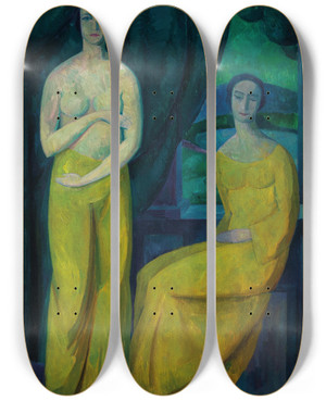 Triptych art skateboard deck of Maximilian Reinitz Zwei Frauen In Einem Raum by Maximilian Reinitz (1872-1935)