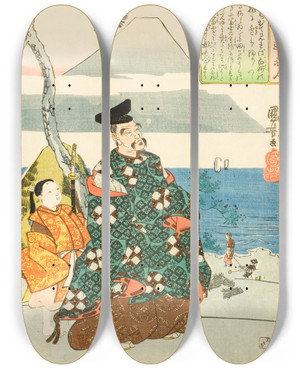 Triptych art skateboard deck of Utagawa Kuniyoshi The Poet Yamabe No Akahito by Utagawa Kuniyoshi (1797-1861)