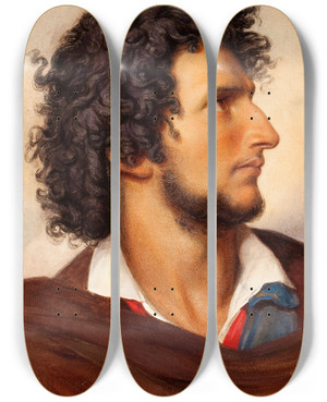 Triptych art skateboard deck of Friedrich Von Amerling Head Of A Young Bearded Venetian Man In Profile by Friedrich Von Amerling (1803-1887)