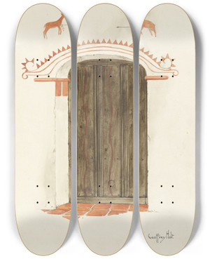 Triptych art skateboard deck of Geoffrey Holt Restoration Drawing Wall Decoration Over Doorway Facade Of Missionhouse by Geoffrey Holt (20-)