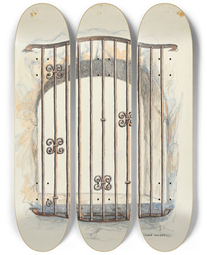 Triptych art skateboard deck of Harry Mann Waddell Iron Grille At Window_2 by Harry Mann Waddell (1876-1956)
