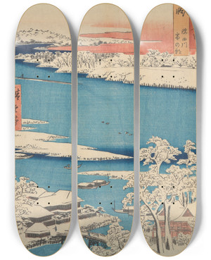 Triptych art skateboard deck of And Hiroshige Snow Scene Islet River Shore by Ando Hiroshige (1797-1858)