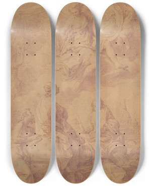 Triptych art skateboard deck of Pompeo Batoni Allegory In Honor Of Pope Benedict Xiv by Pompeo Batoni (1708-1787)