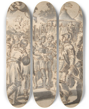 Triptych art skateboard deck of William Faithorne The Elder Design For A Book Illustration_2 by William Faithorne The Elder (1616-1691)