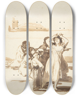 Triptych art skateboard deck of Francisco De Goya A Woman Pulling At Her Hair Being Watched By A Group Of Figures by Francisco de Goya (1746-1828)