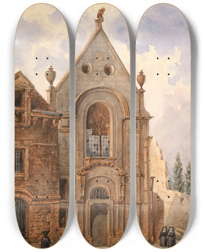 Triptych art skateboard deck of Augustesbastien Bnard Vue De Lextrieur Dune Chapelle by Auguste-Sbastien Bnard (1810-1873)