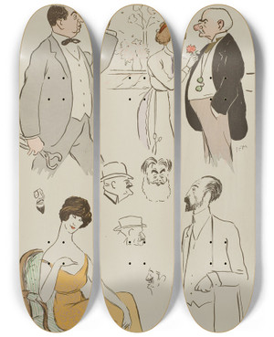 Triptych art skateboard deck of Georges Goursat Sem Dans Le Hall Lhtel De Paris by Georges Goursat (Sem) (1863-1934)