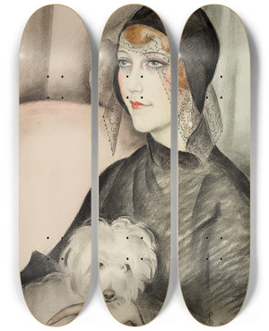 Triptych art skateboard deck of Gerda Wegener Ung Dame Med Sort Klokkehat Og Lille Hvid Skdehund by Gerda Wegener (1886-1940)