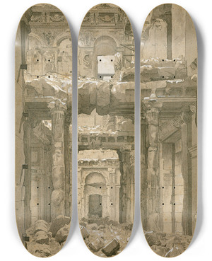 Triptych art skateboard deck of Charlesjoseph Beauverie Ruines Des Tuileries Vue Prise Du Vestibule Du Grand Escalier by Charles Joseph Beauverie (1839-1923)