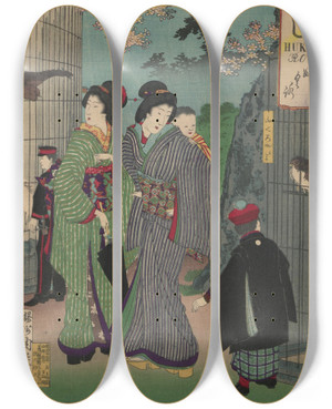 Triptych art skateboard deck of Toyohara Chikanobu The Album Of Nishikie Pl16 by Toyohara Chikanobu (1838-1912)