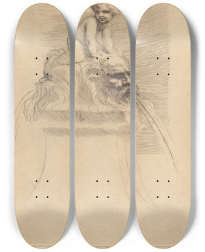 Triptych art skateboard deck of Alphonse Legros Small Fountain Child Playing On The Grotesques Petite Fontaine Enfant Qui Joue Surdes Masques by Alphonse Legros (1837-1911)