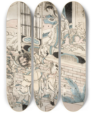 Triptych art skateboard deck of Katsushika Hokusai The Palace Of King Zhou Of China by Katsushika Hokusai (1760-1849)