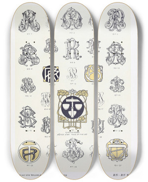Triptych art skateboard deck of Wilhelm Diebener Monogrammes Und Dekorationen Pl061 by Wilhelm Diebener (1922)