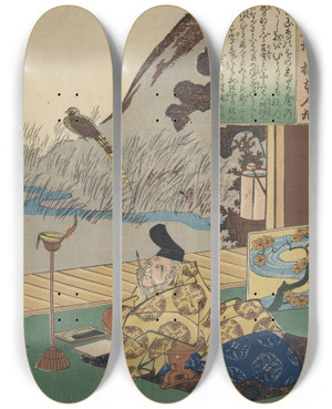 Triptych art skateboard deck of Utagawa Kuniyoshi Kakinomoto No Hitomaro by Utagawa Kuniyoshi (1797-1861)