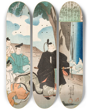 Triptych art skateboard deck of Utagawa Kuniyoshi Poem By Dainagon Kint by Utagawa Kuniyoshi (1797-1861)
