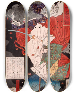 Triptych art skateboard deck of Tsukioka Yoshitoshi Taira No Koremori Slashing At A Demon by Tsukioka Yoshitoshi (1839-1892)