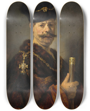 Triptych art skateboard deck of Rembrandt Van Rijn A Polish Nobleman by Rembrandt Van Rijn (1606-1669)