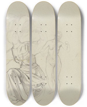 Triptych art skateboard deck of Jakob Becker Kniende Frau Sowie Ein Stehender Weiblicher Akt by Jakob Becker (1810-1872)